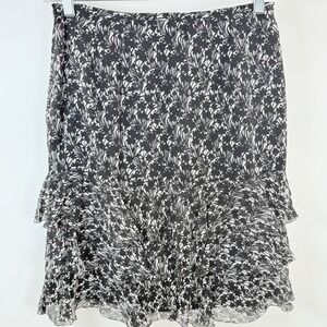 Ann Taylor Silk Skirt Floral Ruffle Tiered Black White Party Cocktail Size 2